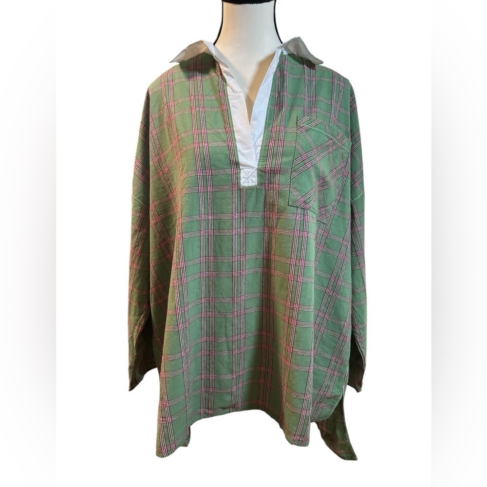 Free People Green and Pink Plaid Collared Tunic Size S